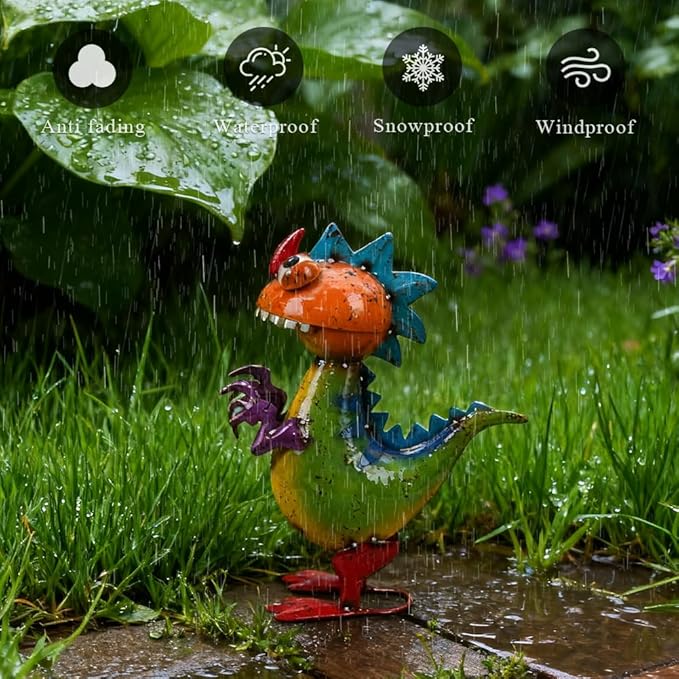 Metal Dinosaur Statue Outdoor Garden Decor - Wacky Dino Yard Art Gift, Funny Dinosaur Sculpture for Patio, Lawn, Backyard- Unique Dino Figurine for Birthday, Housewarming, Christmas