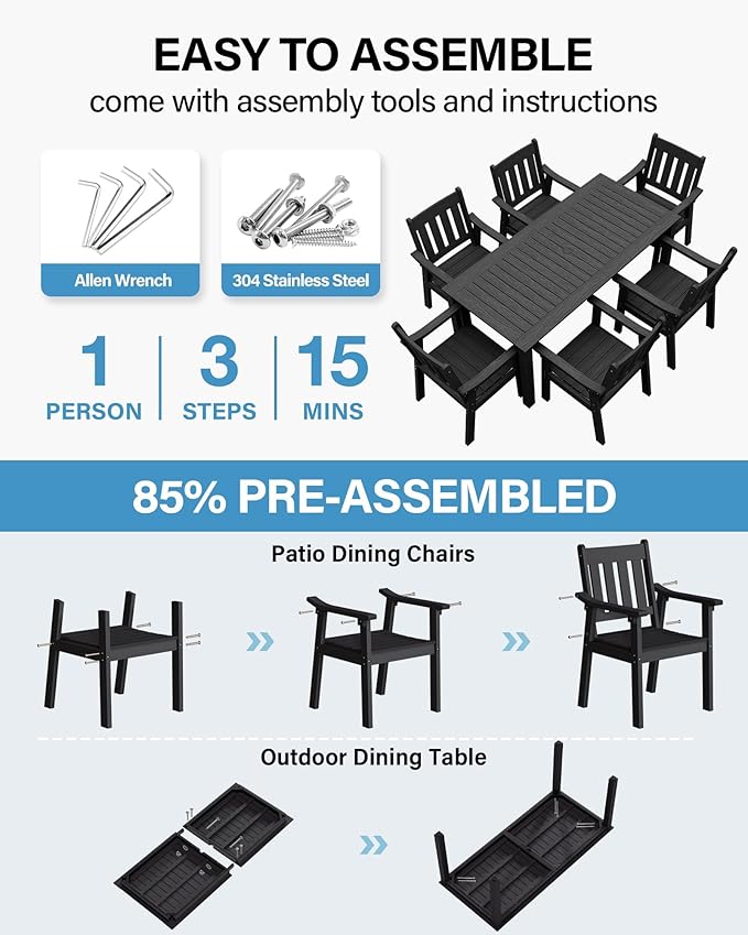 YEFU Patio Dining Chairs Set of 6: All Weather Outdoor Dining Chairs with Wide Curved Seat and Backrest - Outdoor Furniture Plastic for Outside Backyard/Garden/Porch/Deck 350lbs Capacity Black
