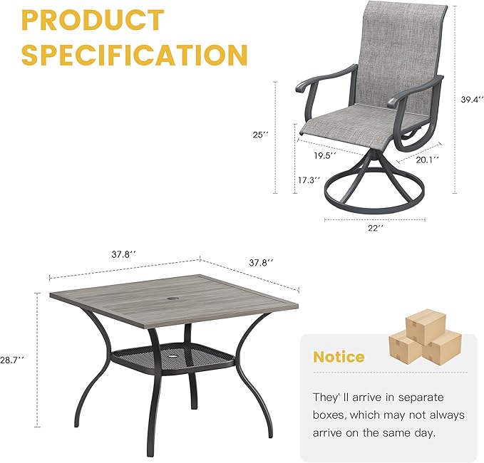 VICLLAX 5 Pieces Patio Dining Set for 4, Outdoor Furniture Set Includes 37.8" Square Outdoor Table and 4 Patio Swivel Chairs for Lawn Garden, Grey Wood Grain Tabletop and Grey Fabric