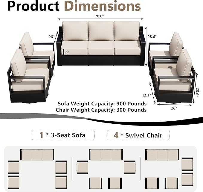 Outdoor Patio Furniture Set, 5-Piece Aluminum Patio Conversation Set All-Weather Metal Outdoor Sectional with 6 Inch Thick Cushions, Deep Setting for Garden, Outside and Porch