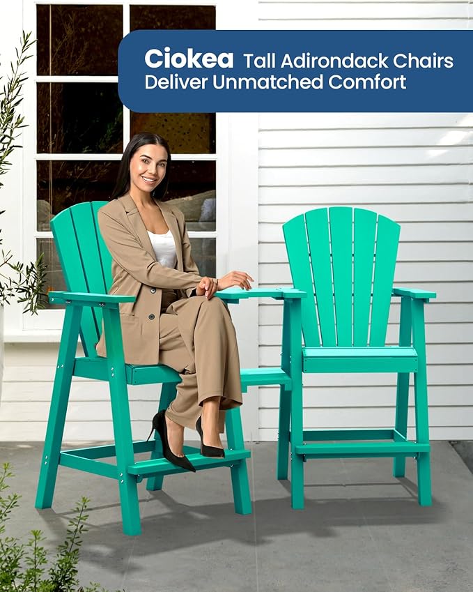 Ciokea Tall Adirondack Chairs Set of 2, HDPE Outdoor Adirondack Bar Stools with Double Connecting Tray, Weather Resistant High Back Adirondack Balcony Chairs for Deck, Lawn, Pool, Backyard, Lake Blue