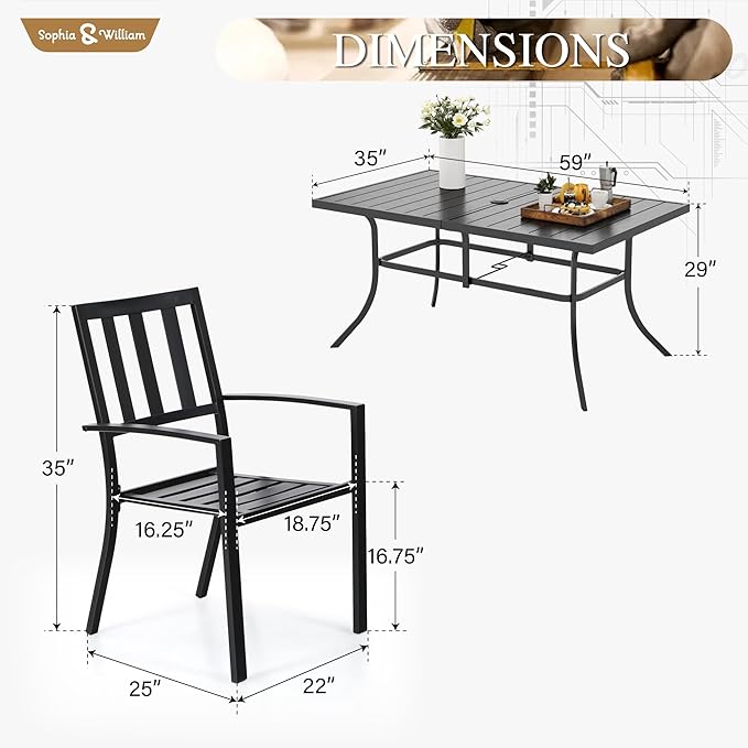 Sophia & William Patio Table and Chairs Set, Outdoor Dining Set for 6, 7 Piece Metal Patio Furniture, 60" Black Rectangular Table(Stripe)