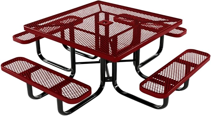 COATEDOUTDOORFURNITURE Heavy-Duty Portable Outdoor Kids Table with Umbrella Hole, Expanded Metal Kids Picnic Table, Commercial-Grade, Made in America (46 in, Square, Childrens, Textured Burgundy)