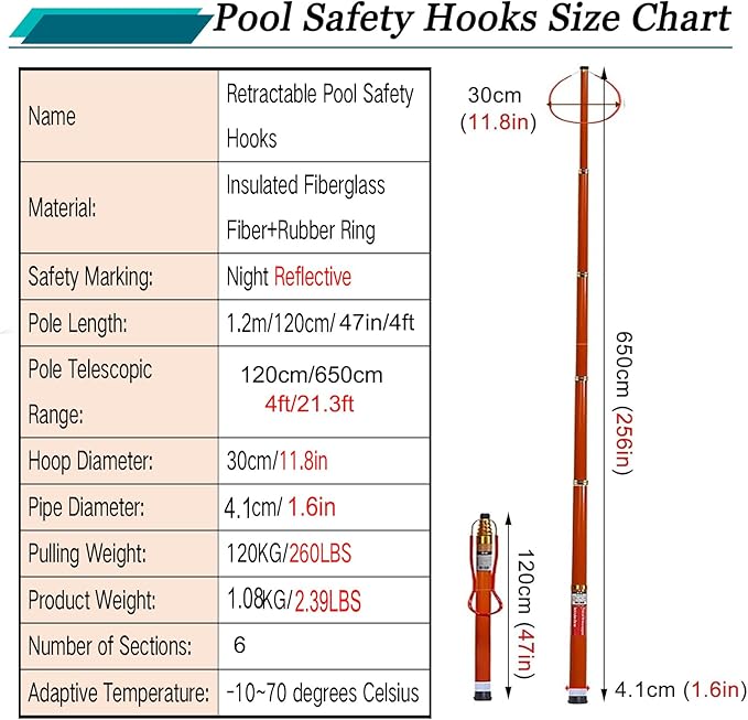Telescopic Pool Rescue Hook with Pole, 16ft-30ft Adjustable Heavy Duty Pool Pole, Fibreglass Safety Hook Pools, Specialised Emergency Rescue Equipment for Drowning Victims (L:650cm/21.3ft)