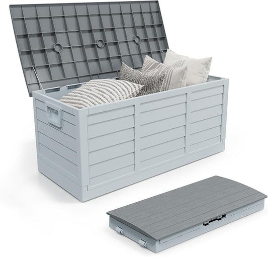 Outvita Foldable 75 Gallon Outdoor Storage Box, Plastic Storage Containers with Lid, Patio Deck Box Furniture for Garden, Pool, Balcony, Yard (Gray Body-Gray Lid)