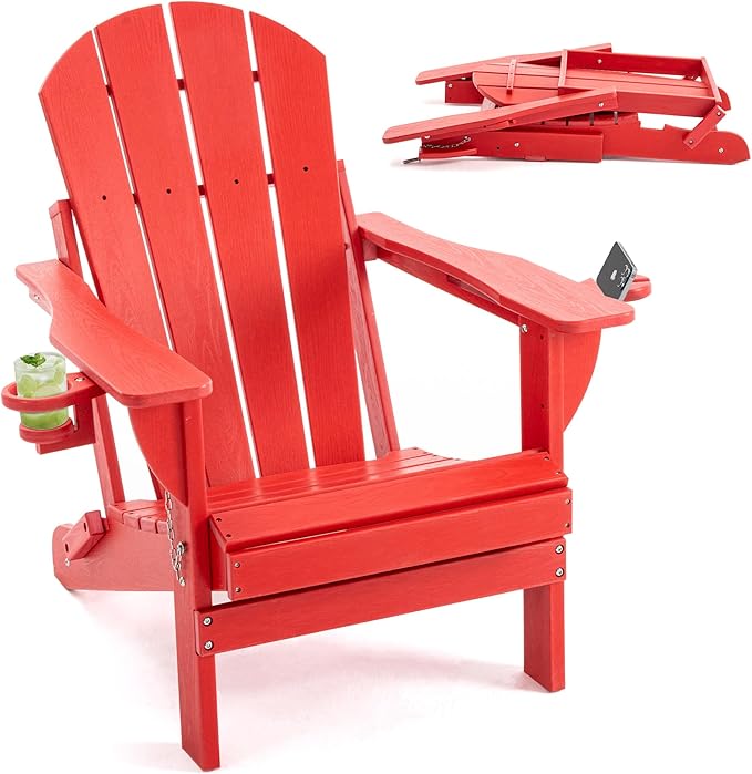 Folding Adirondack Chair, HDPE Outdoor Texture Lawn Chair with Reclining Back, Cup and Phone Holder - Comfortable Firepit Chair Weather Resistant for Patio or Backyard (Red, Set of 1)