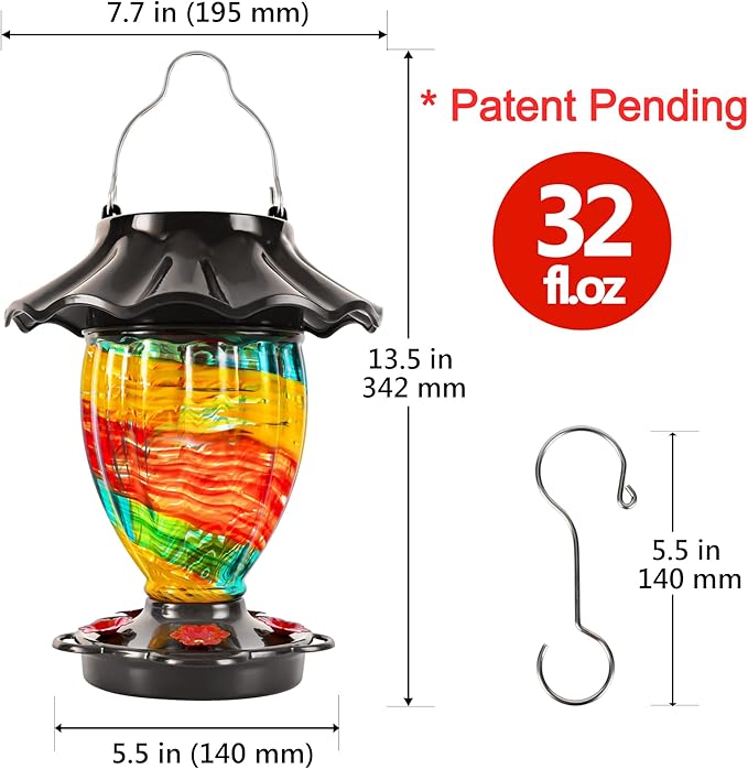 LUJII Solar Hummingbird Feeder for Outside, Color Changing, Hand Blown Glass, 32 fl.oz Never Leak, Waterproof & Rustproof, Lighted Lantern for Patio Decor, Unique Gift for Bird Lover (Ribbon)