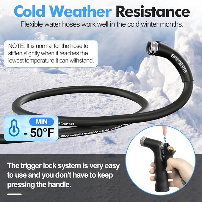 SPECILITE 5/8" Hot/Cold Garden Hose 75 ft with Industrial High Pressure Nozzle, Flexible & Lightweight, 600psi Burst Rubber Water hose -50℉-158℉ With 3/4"Stainless Steel Fittings for Yard, Black