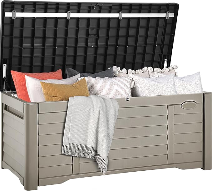 DWVO 120 Gallon Outdoor Storage Box, Large Resin Deck Box with Louver Design, Lockable Patio Storage Bin for Indoor and Outdoor Use, Pillows, Tools, and Pool Supplies -Black & Brown