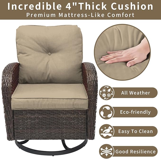 3 Pieces Patio Furniture Set, Outdoor Swivel Rocking Chair Set of 2 with Side Table - 360° Swivel, Thick Cushions, All-Weather Bistro Set for Deck, Porch, Pool(Brown, Brown Full-Weave Rattan)