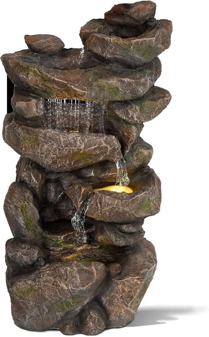 Ferrisland 31.5"H Outdoor Floor Waterfall Fountain, 5 Tier Rustic Rock Freestanding Water Fall Feature with Cascading Streams & LED Lights, Home Décor for Garden, Patio, Yard, Deck & Porch, Gift Ideas