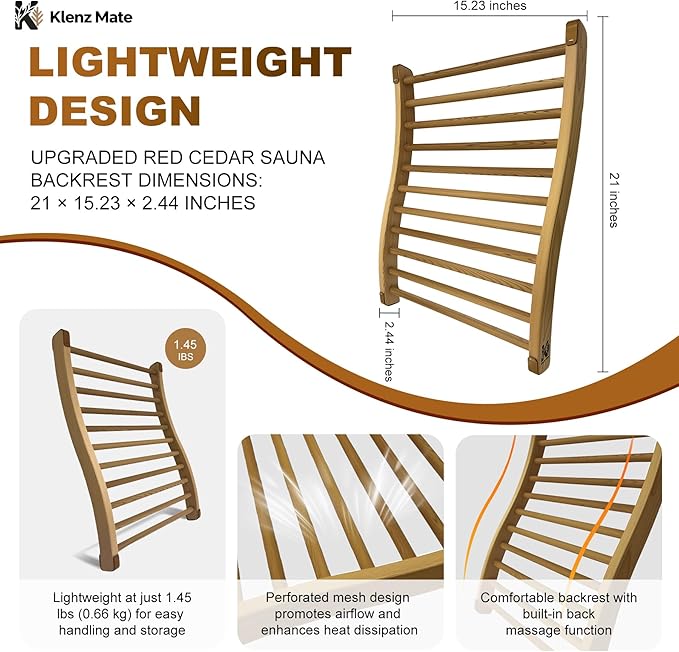 2025 Upgraded Premium Red Cedar Wood Sauna Backrest, Sauna Accessories with Non-Slip Pad, S-Shaped Ergonomic Design, Sauna Chair with Backrest, for Infrared Sauna and All Barrel Saunas, Handmade, 21"