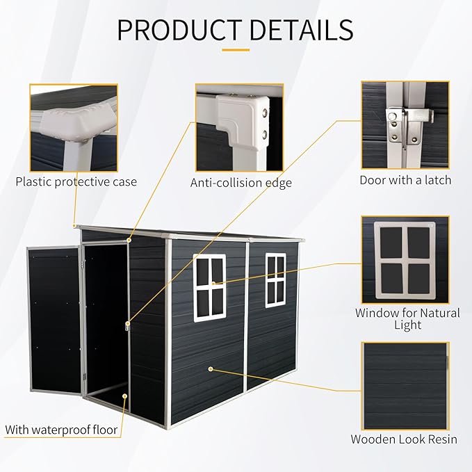 LANTRO JS Plastic Shed with Floor Included, Outdoor Plastic Shed, 4x8FT Storage Shed with Floor Included with Two Windows, Lockable Doors for Garden Tools