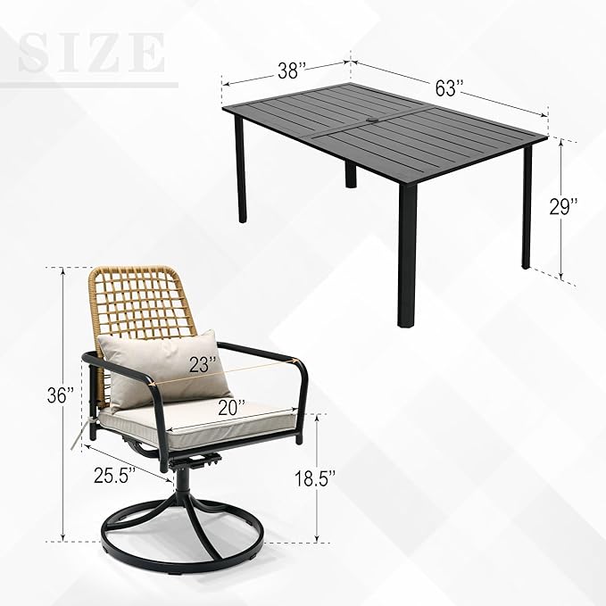 7 Pieces Rattan Patio Swivel Chairs, 63" x 38" Rectangle Table Set and Rocker Wicker Patio Chairs with Cushions