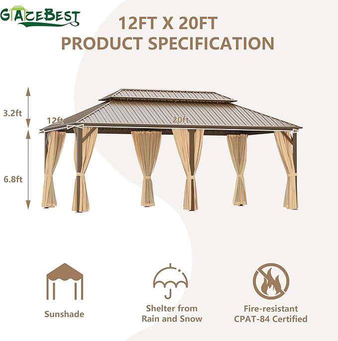 12'x20' Hardtop Gazebo Outdoor Aluminum Patio Gazebo Double Roof Galvanized Steel Canopy with Netting and Curtains for Garden, Backyard,Deck and Lawns