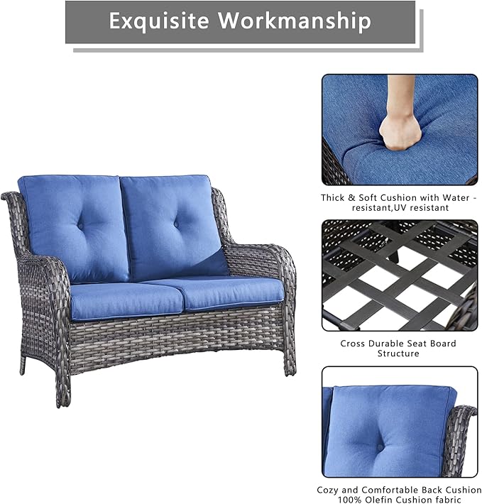 Rilyson 5 Piece Outdoor Patio Furniture Set - Rattan Wicker Patio Conversation Sets with 2 Swivel Rocker Chairs,2 Ottomans and 1 Loveseat for Outside Porch Deck Backyard(Mixed Grey/Blue)