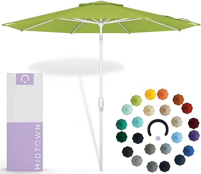 Midtown Umbrellas The Swilt 9 Feet Patio Umbrella in Sunbrella Macaw Acrylic Fabric - Fiberglass Ribs, Auto-Tilt Aluminum Frame For Backyard, Deck, Garden, Pool - White Pole
