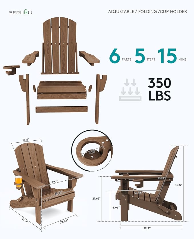 SERWALL Folding Adirondack Chair Set of 8, Reclining Adirondack Chair with 3 Recline Positions, All Weather HDPE Outdoor Adirondack, Brown