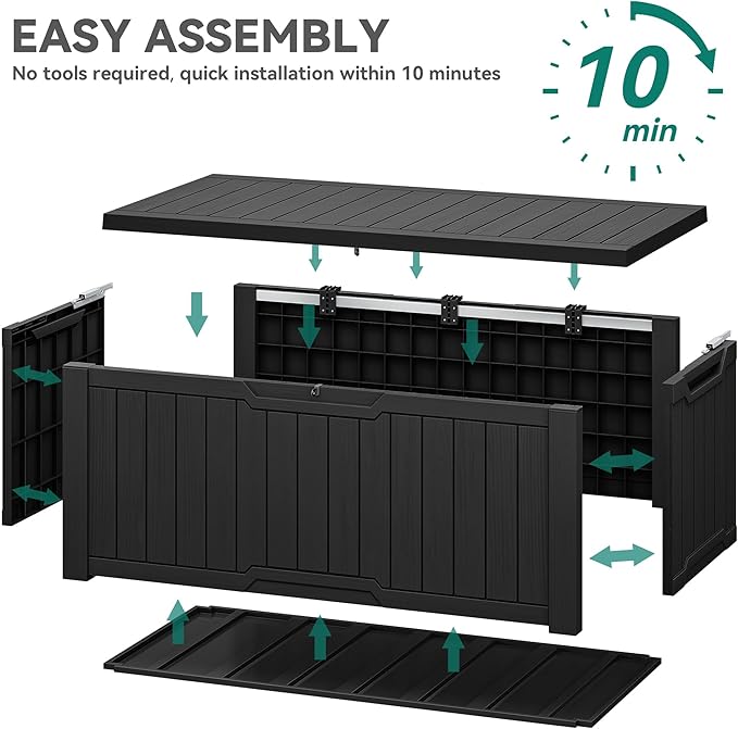 YITAHOME Outdoor Storage Box, 120 Gallon Waterproof Deck Box for Garden Tools, Patio Cushions, and Pool Accessories, Lockable, Easy Assembly, Versatile Bench or Table (Black)