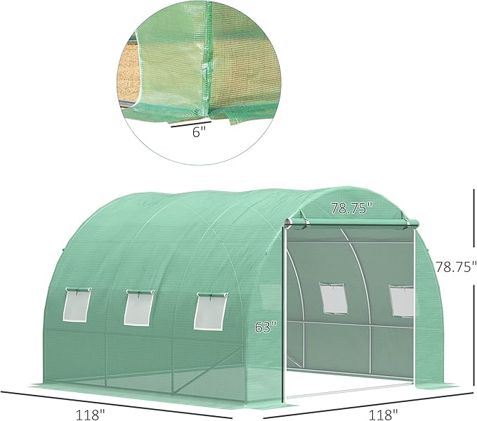 Outsunny 10' x 10' x 6.5' Walk-in Tunnel Hoop Greenhouse, Polyethylene PE Cover, Steel Frame, Roll-Up Zipper Door & Windows for Flowers, Vegetables, Tropical Plants, Green