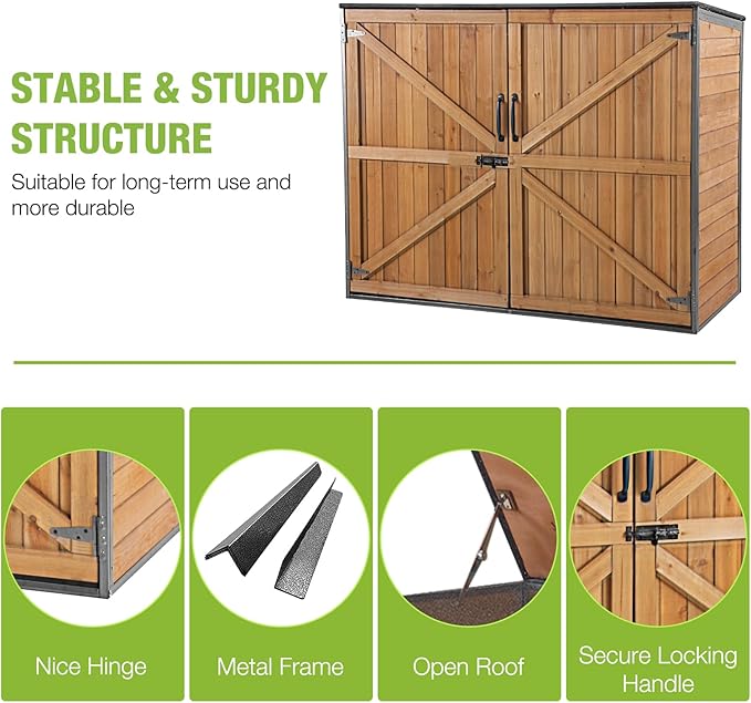 GUTINNEEN Outdoor Storage Shed,Wood & Metal Vertical Cabinet with Waterproof Roof,Small Shed for Garden,Garbage Can,Bike,Tool