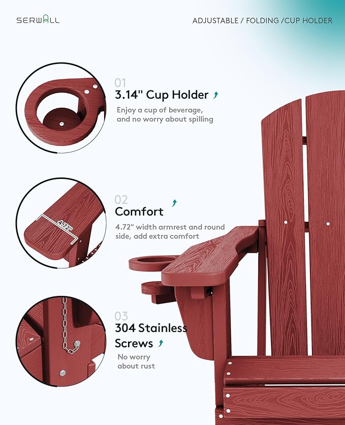SERWALL Folding Adirondack Chair Set of 2, Adjustable Adirondack Chair with 3 Recline Positions, All Weather HDPE Outdoor Adirondack with Cup Holders, Red