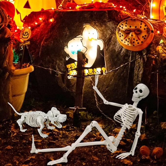 YUJUN 36'' Halloween Skeleton Decoration with Dog Skeleton, 3ft Full Body Posable Skeleton Realistic Plastic Bones Movable Joints for Halloween Party Yard Haunted House Props Indoor Outdoor Decor