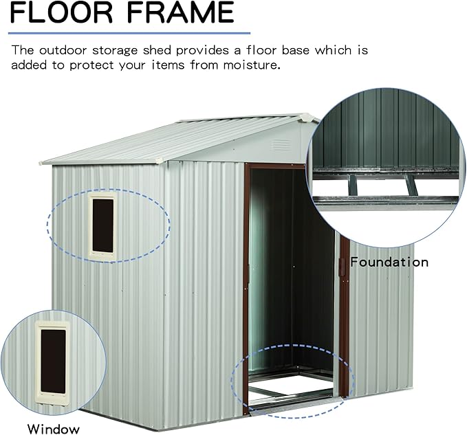 6 x 5 FT Outdoor Storage Shed, Metal Garden Shed with Floor Frame, Tool Shed Outdoor Storage with Lockable Sliding Doors & Window & Air Vents, Storage House Waterproof for Backyard, Lawn, White