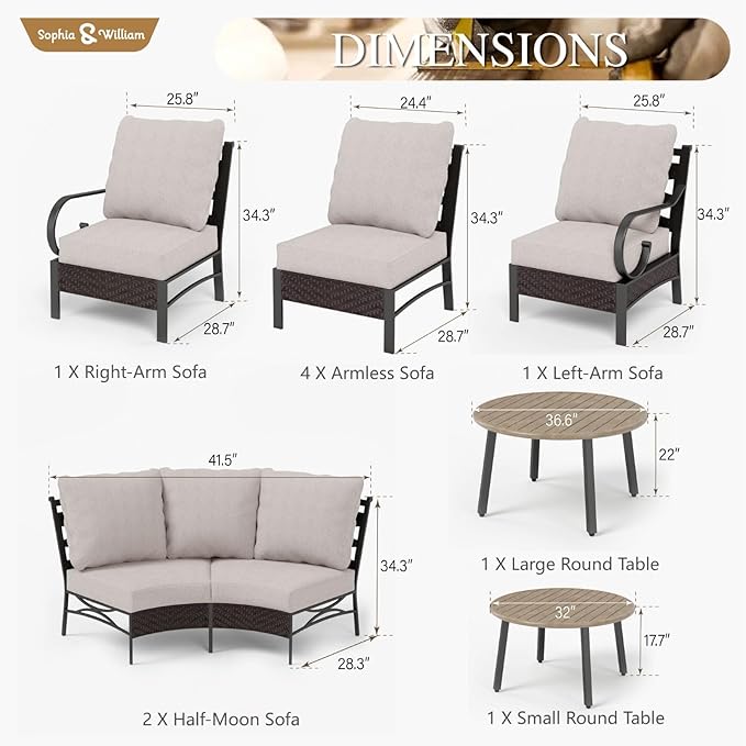 Sophia & William Half-Moon Patio Furniture Set, Curved Outdoor Sofa for 6 with Coffee Table, Rattan Sectional Sofa Outdoor Conversation Sets,Beige