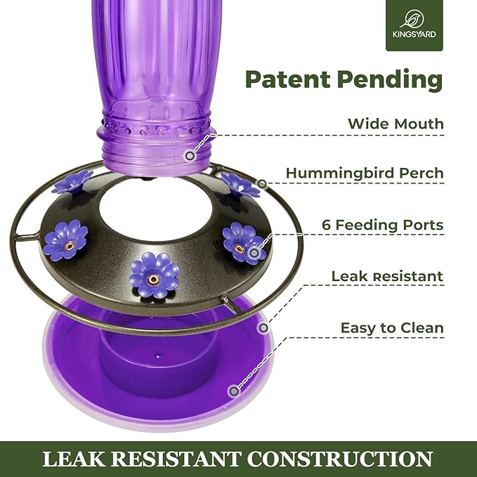 Kingsyard 2 Pack Glass Hummingbird Feeder for Outdoors, 16 Oz Wild Bird Feeder with 6 Feeding Ports Hanging for Garden Yard, Purple (Ant Moat Included)