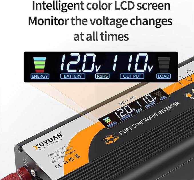 500W Pure Sine Wave Inverter (1000W Peak), 12V/24V Auto-Detect, 50Hz/60Hz Switchable, LCD Display, Type-C Fast Charging, Silent Design, Overload & Overheat Protection for RV, Home (Black-500W)