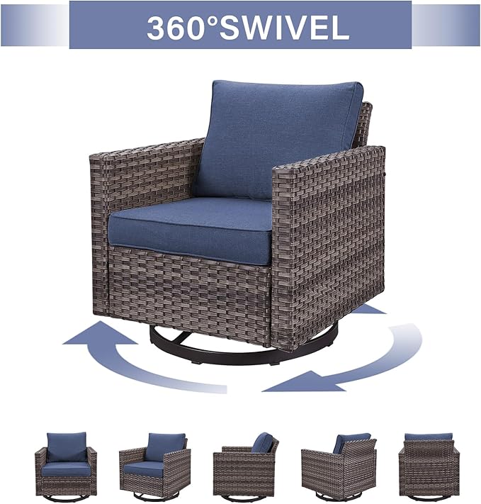 Rilyson Wicker Outdoor Patio Furniture Set - 5 Piece Patio Conversation Set with 2 Swivel Rocker Chairs,2 Rattan Ottoman and 1 Couch for Outside Porch Deck Backyard Garden(Mixed Grey/Blue)