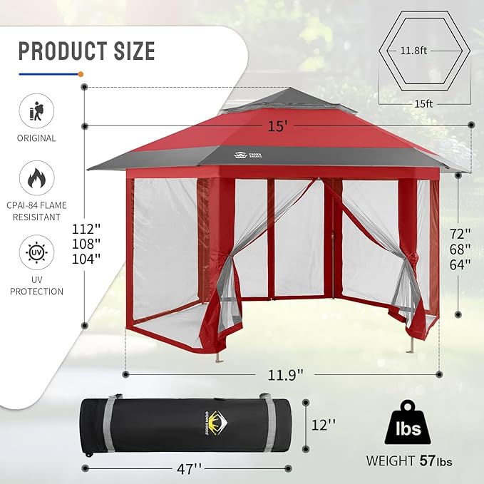 CROWN SHADES 12x12 Pop up Gazebo with Mosquito Nettings, Patented Center Lock 6-Sided Portable Gazebo, 300D Silver-Coated Fabric UV Resistant, Pop Up Canopy Tent for Patio, Party, Red&Grey