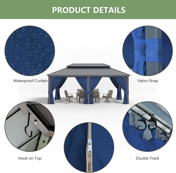 12' x 20' Hardtop Gazebo,Outdoor Galvanized Steel Metal Double Roof Gazebo with Curtains and Netting for Patios, Gardens, Lawns,Navy Blue