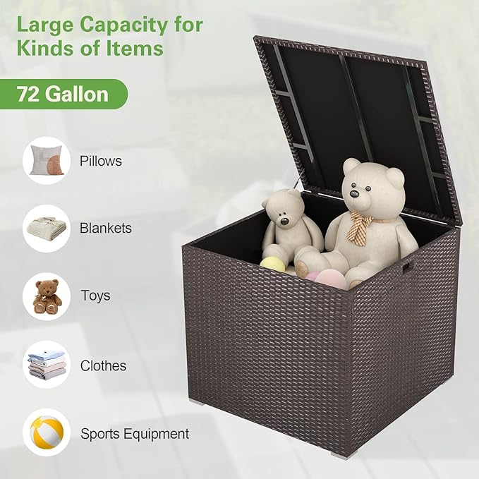 HAPPYGRILL Outdoor Storage Deck Box, 72 Gallon Square Wicker Patio Rattan Storage Container with Zippered Liner & Safe Pneumatic Rod, Outdoor Wicker Deck Box for Garden Tools Cushions