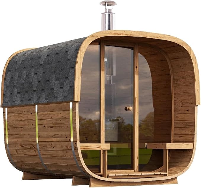 ZONEMEL Customize Outdoor Steam Square Sauna for 4-8 Person, Canadian Pine/Hemlock/Cedar, Porch Option, Window Selection, Wood Burning Stove (0-195 °F)