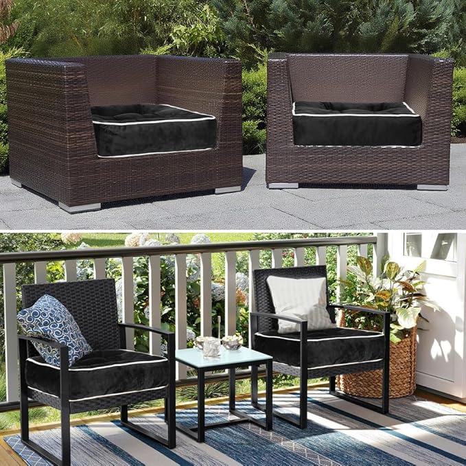 ERWUDEling Set of 2 Tufted Waterproof Outdoor Chair Cushions - 19x19x5 inchThick Patio Seat Pads with Ties for Lawn, Wicker & Garden Furniture,Black