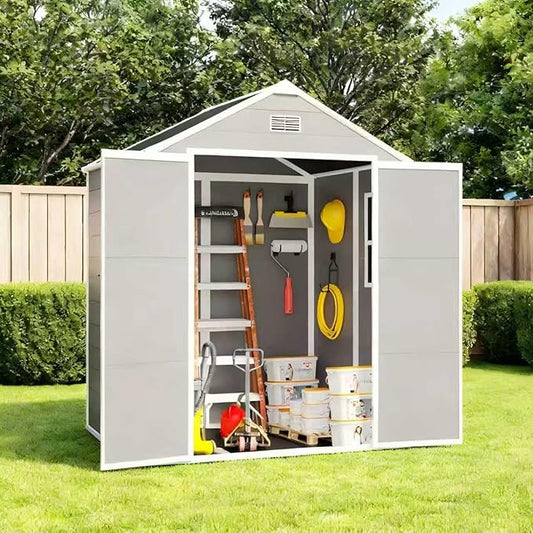 6x5 FT Outdoor Resin Storage Shed with Floor and Window, Outside Waterproof Plastic Garden Sheds w/Lockable Door & Vents, All-Weather Tool House for Patio, Backyard, Lawn, Grey