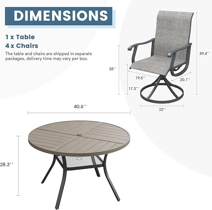 DIFY 5 Pieces Outdoor Patio Dining Set, 4 Grey Textilene Swivel Dining Chairs and 40.6" Grey Wood-Like Round Metal Dining Table, Outdoor Table and Chairs