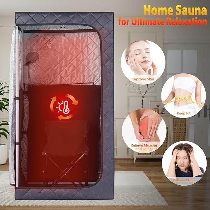 Gollense Portable Infrared Sauna for Home Spa | Full Size 1 Person Sauna | Full Body Personal Far Infrared Sauna Tent | with Heating Foot Pad, Portable Chair, Dark Grey