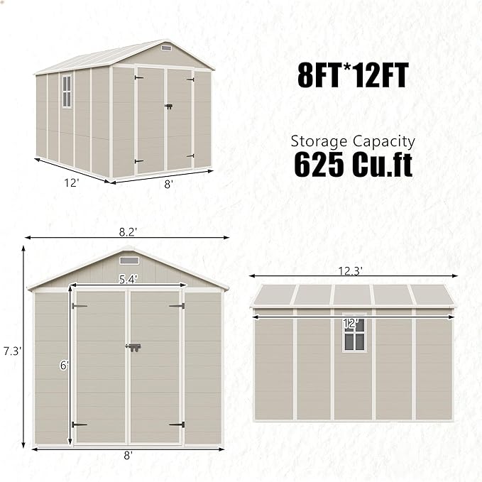 Outdoor Shed 5x3/6x4/7x7/8x6/8x10/8x12 FT, 15MM Thick PP Resin Plastic Shed with Lockable Door & Floor - Waterproof Plastic Tool Shed for Bike, Garbage Can, Backyard, Patio ﻿ ﻿ (Light Brown, 8x12FT)