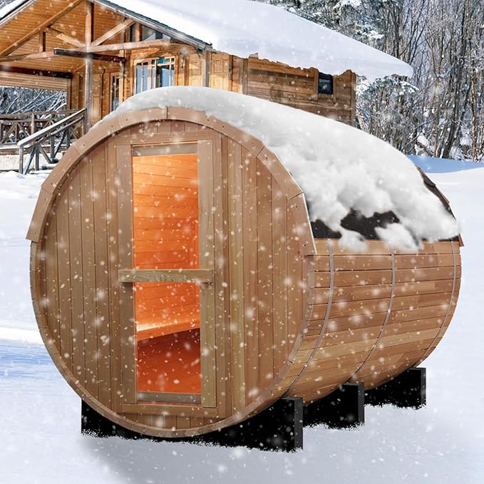 Outdoor Barrel Sauna, 8 Person Wooden Steam Sauna Room with 6kw Toule Electric Heater with Stone, Canadian Red Ceder, Asphalt Shingle Roof (Red Ceder)