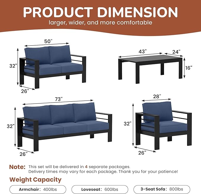 Solaste Aluminum Patio Furniture Set for All Weather, Modern Metal Outdoor Furniture Set with 27.5" Deep Seating and 3.2" Wide Armrest, Outdoor Patio Conversation Set with 5" Cushion, Black and Blue