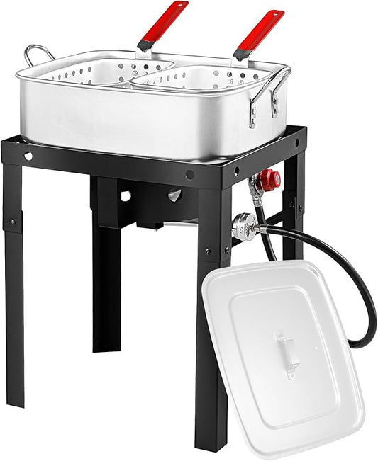 OT1808-LID-Propane Deep Fryer with 18Qt Square Deep Fryer Pot – High Grade Strainer Basket Aluminum Pot for Fish Fry, Seafood Pot – Propane Burners for Outdoor Cooking Include Lid