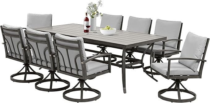 HAPPATIO 9-Piece Patio Outdoor Dining Set - All Aluminum Patio Table and Chairs Set for 8 Includes 1 Rectangular Dining Table and 8 Swivel Dining Chairs with Cushions for Lawn, Garden