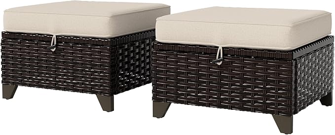 Vista Vibe 2 Pieces Patio Wicker Ottomans, Luxurious Footstools, Outdoor Small Footrest, Wicker Furniture with Removable Cushions, All-Weather PE Rattan, Garden, Backyard, Porch(Brown/Beige)