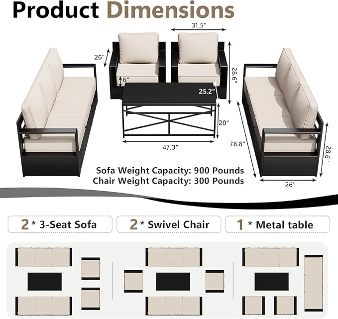 Outdoor Patio Furniture Set, 5-Piece Aluminum Patio Conversation Set All-Weather Metal Outdoor Sectional with 6 Inch Thick Cushions, Deep Setting for Garden, Outside and Porch