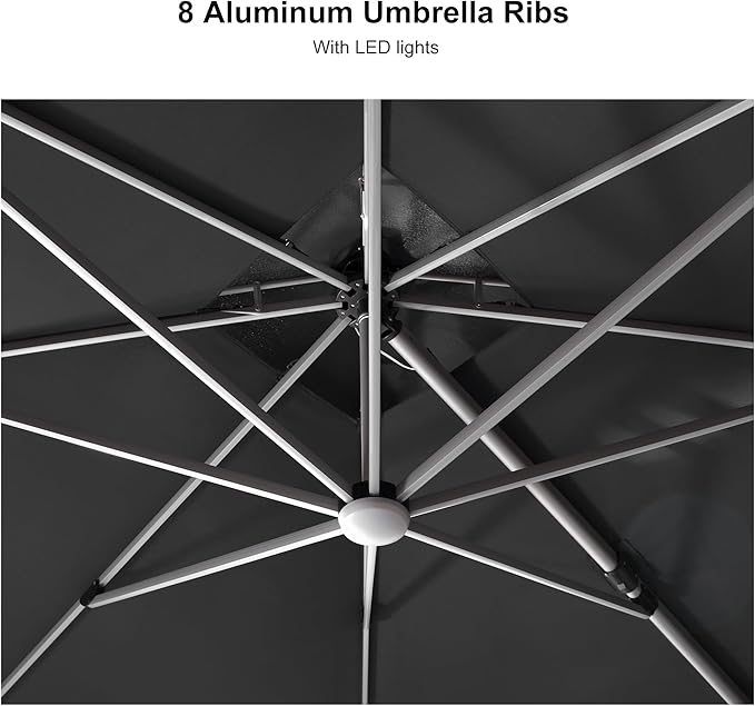 PURPLE LEAF 11 Feet Solar Powered LED Square Cantilever Umbrella With Base Patio Umbrella Windproof Hanging Umbrella Outdoor Umbrella Offset Umbrella, Grey