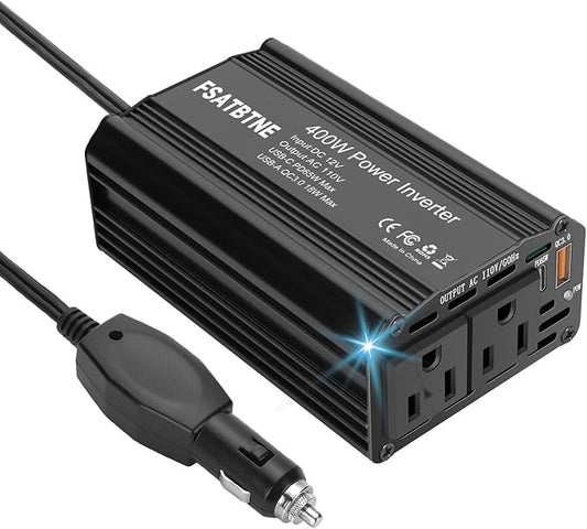 400W Power Inverter, FSATBTNE DC 12V to 110V AC Car Plug Adapter Outlet Converter with [65W PD USB-C] & [18W QC USB-A] Fast Charging Ports and 2 AC Outlets Car Power Inverters for Vehicles Black