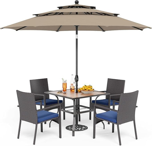 PHI VILLA 5 Piece Outdoor Dining Set with Umbrella for 4, 37" Square Metal Wood-top Dining Table & Wicker Rattan Chairs with Cushions & 10ft Beige Umbrella for Patio, Deck, Backyard, Porch